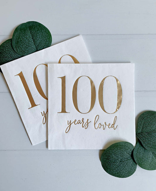 100 Years Loved Cocktail Napkins - 100th Birthday Party Decorations
