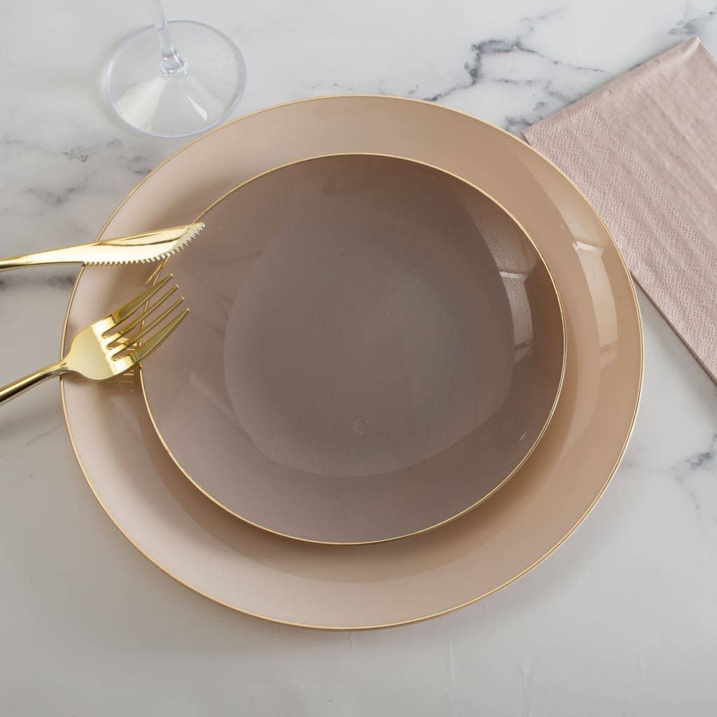 Round Taupe • Gold Plastic Plates | 10 Pack: 10.25" Dinner Plates