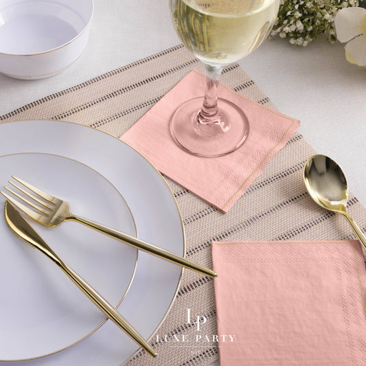 Luxe Party - Coral with Gold Stripe Paper Cocktail Napkins | 20 Napkins: 20 Beverage Napkins - 5" x 5"