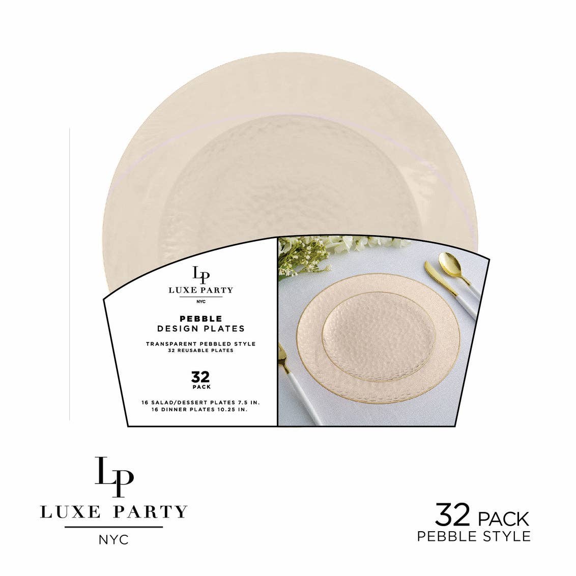 Solid Linen Pebble Plate and Gold Plastic Plates Set | 32 Pack: 16 Dinner and 16 Salad Plates