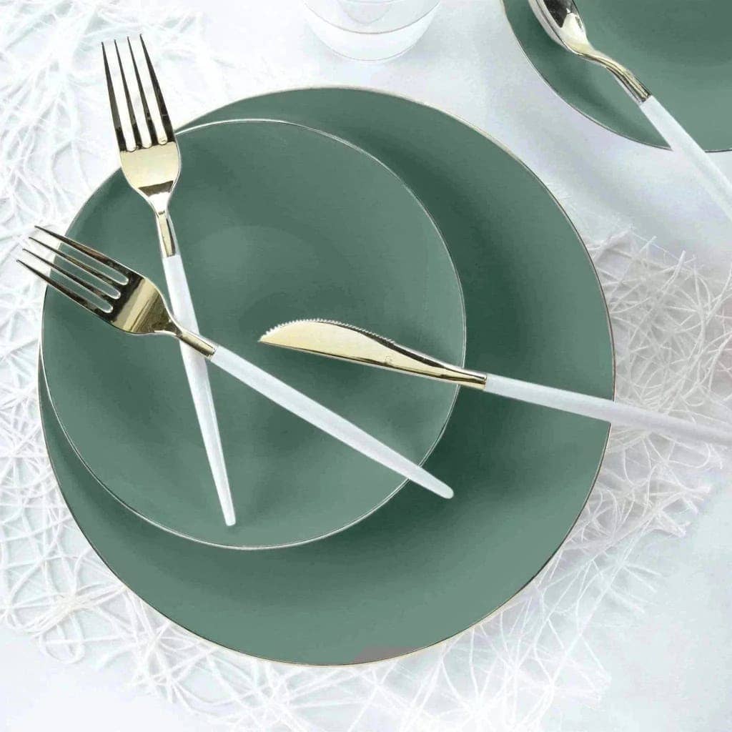 Round Sage Green and Gold Plastic Plates Set | 40 Pack: 20 Dinner and 20 Salad Plates