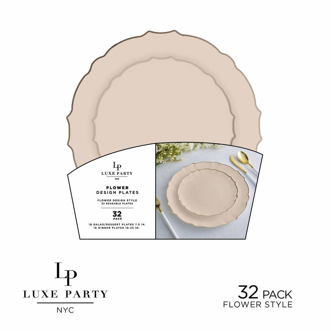 Linen Flower Plate and Gold Plastic Plates Set | 32 Pack: 16 Dinner and 16 Salad Plates