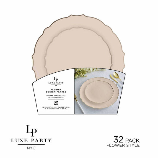 Linen Flower Plate and Gold Plastic Plates Set | 32 Pack: 16 Dinner and 16 Salad Plates