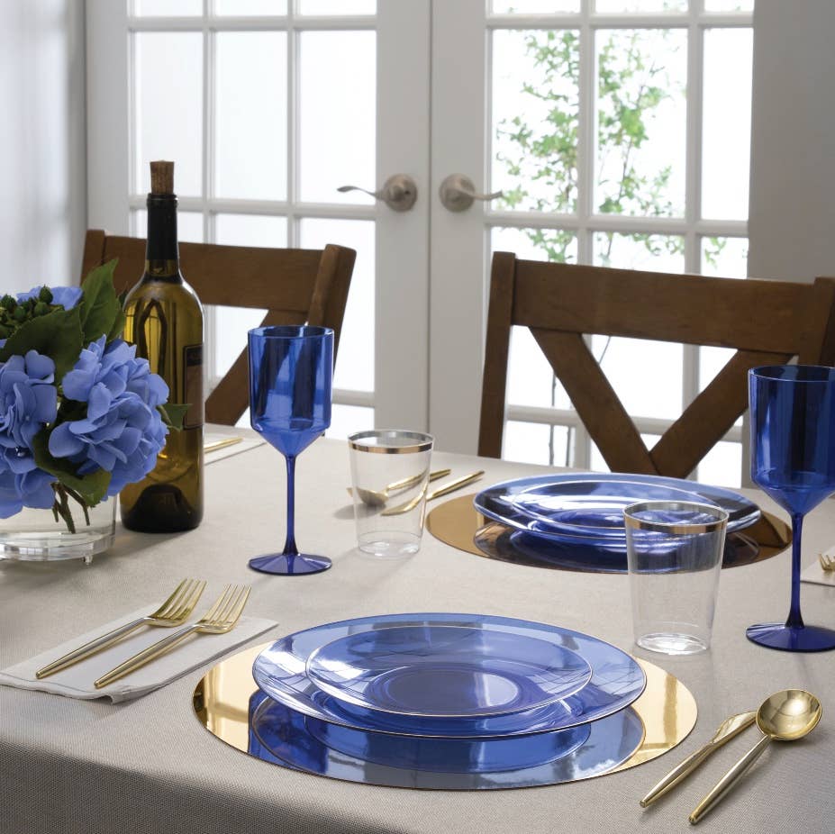 Luxe Party - Round Transparent Bartenura Blue  • Gold Plastic Plates | 10: 7.25" Appetizer Plates