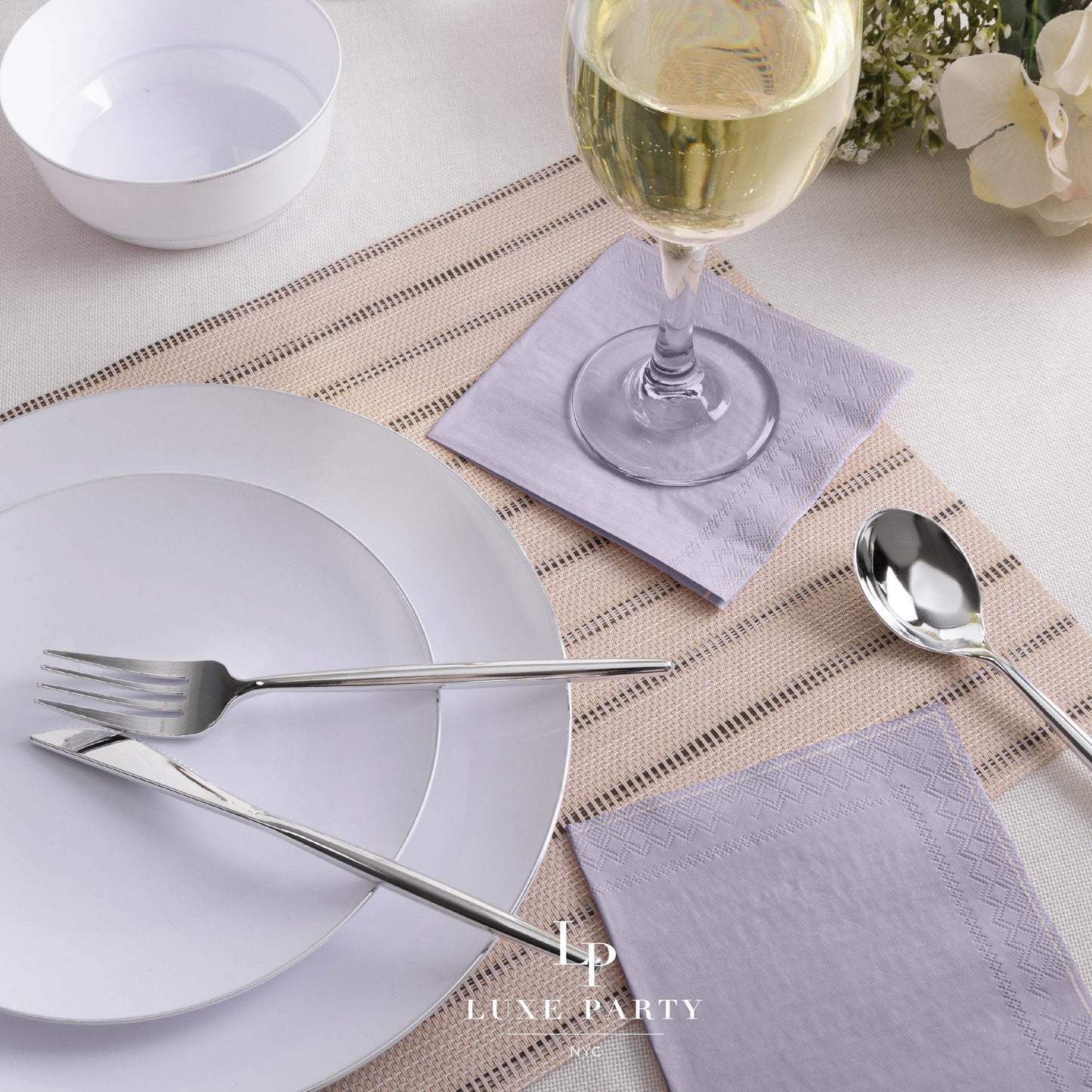 Luxe Party - Lavender with Silver Stripe Paper Cocktail Napkins | 20 Napk: 20 Beverage Napkins - 5" x 5"