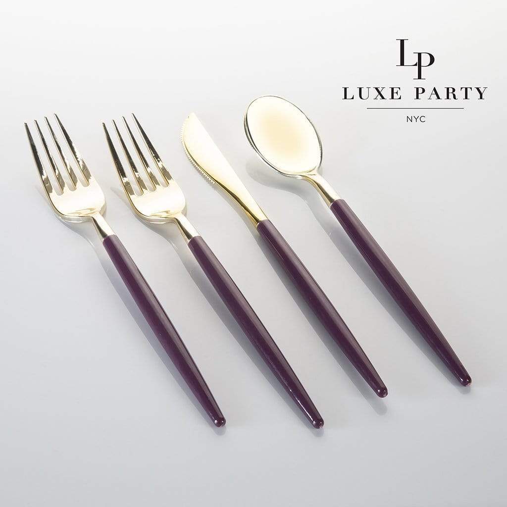 Purple • Gold Plastic Cutlery Set | 32 Pieces