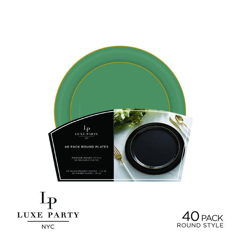 Round Sage Green and Gold Plastic Plates Set | 40 Pack: 20 Dinner and 20 Salad Plates