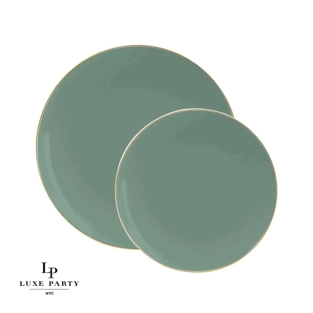 Round Sage Green and Gold Plastic Plates Set | 40 Pack: 20 Dinner and 20 Salad Plates