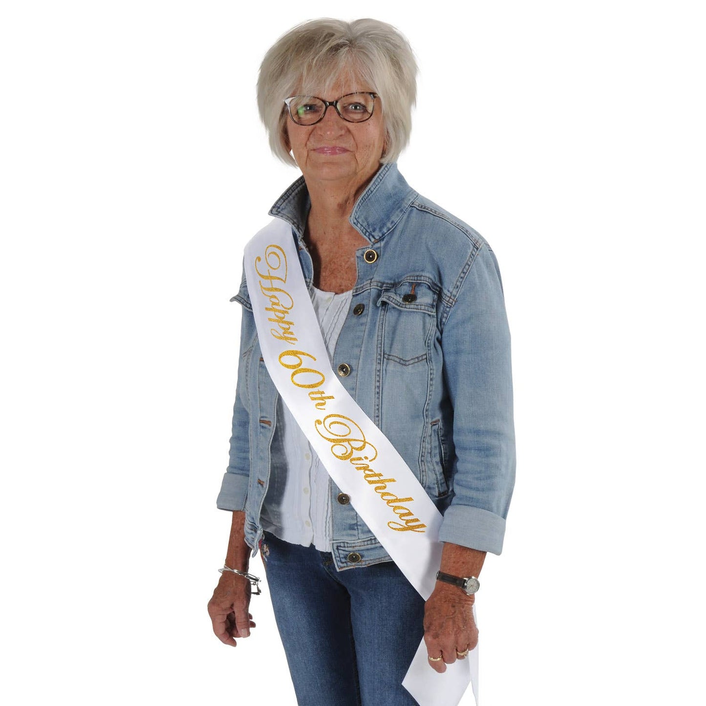 Glittered Happy  60th  Birthday White Satin Sash
