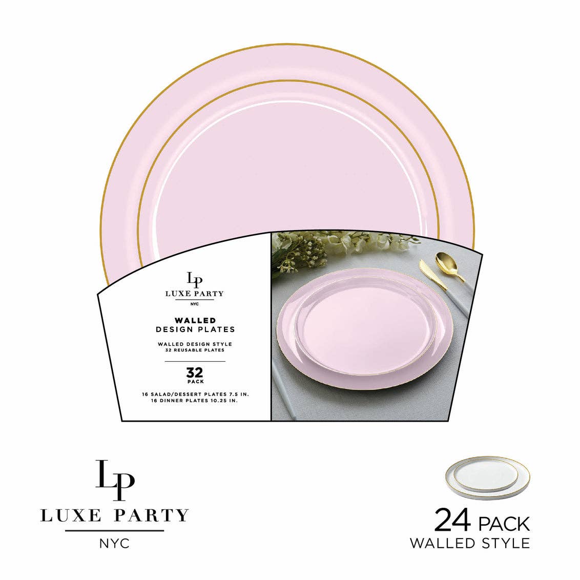 Round Walled New Blush and Gold Plastic Plates Set | 32 Pack: 16 Dinner and 16 Salad Plates