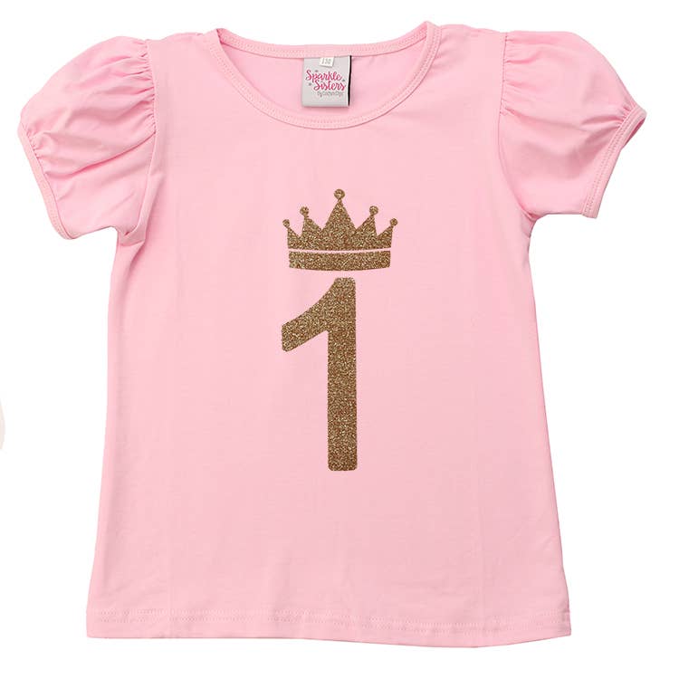 #1 Birthday Puff sleeve T shirt: Gold / 12mo / Pink