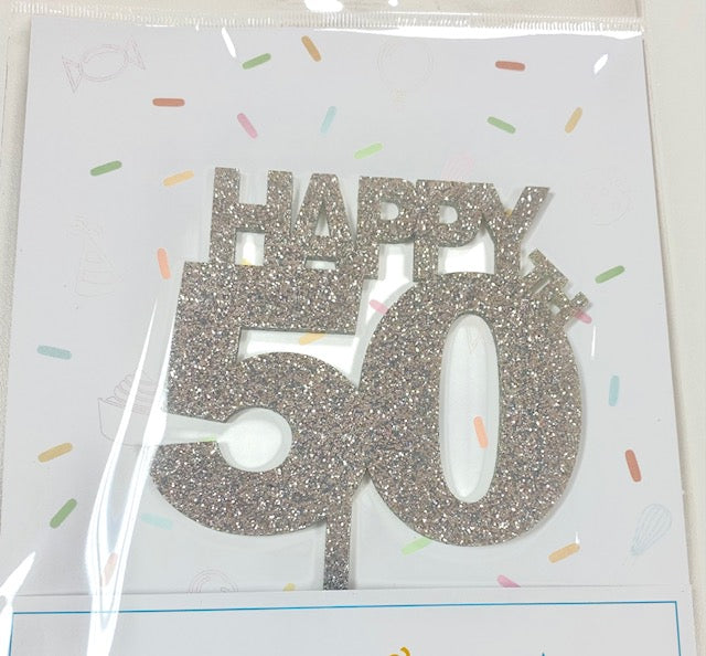 Happy 50th Cake Topper - Silver Glitter