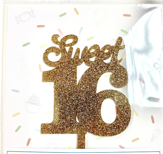 Sweet 16th Acrylic Cake Topper- Gold Glitter