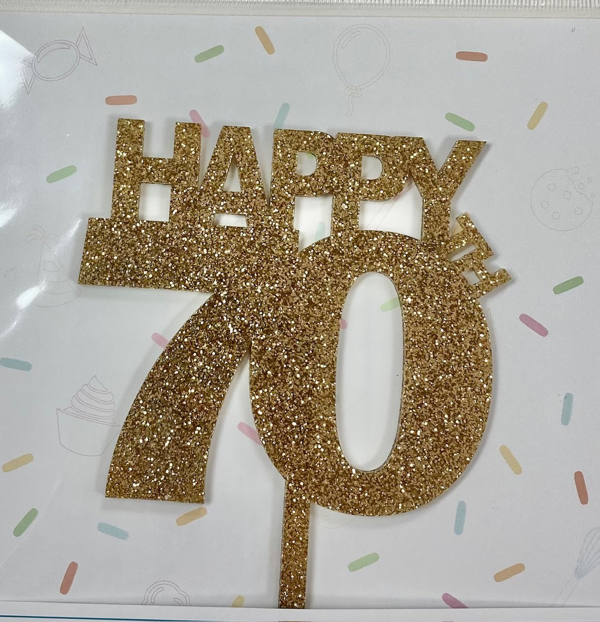 Happy 70th Acrylic Cake Topper- Gold Glitter