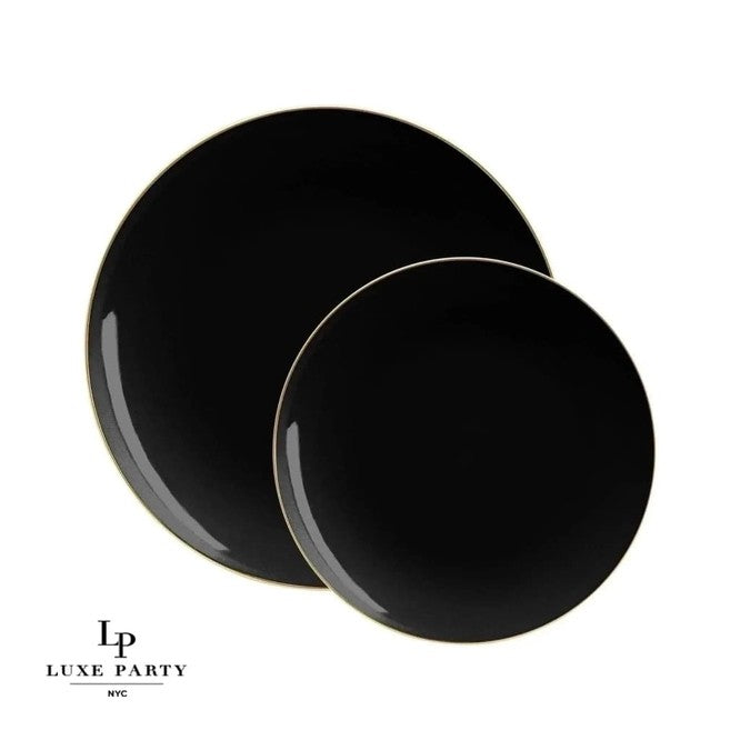Round Walled Black and Gold Plastic Plates Set | 32 Pack
