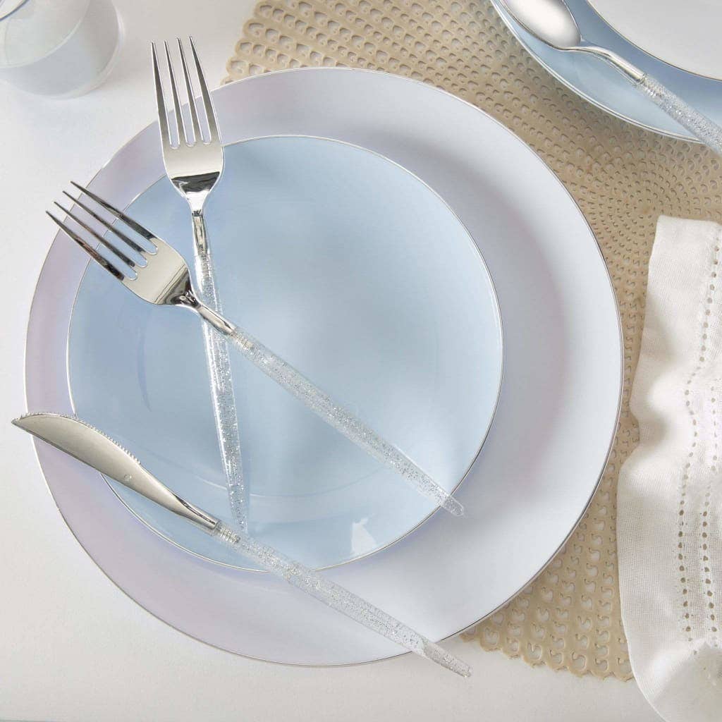 Luxe Party - Ice Blue and Silver Round Plastic Plates | 10 Pack: 10.25" Dinner Plates