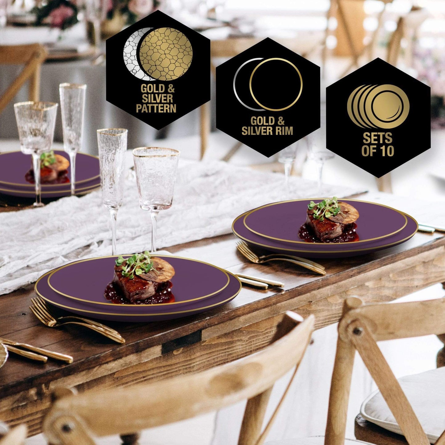 Round Purple • Gold Plastic Plates | 10 Pack: 10.25" Dinner Plates