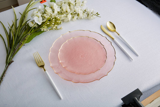 Rose Frosted Plate and Gold Plastic Plates Set | 32 Pack: 16 Dinner and 16 Salad Plates