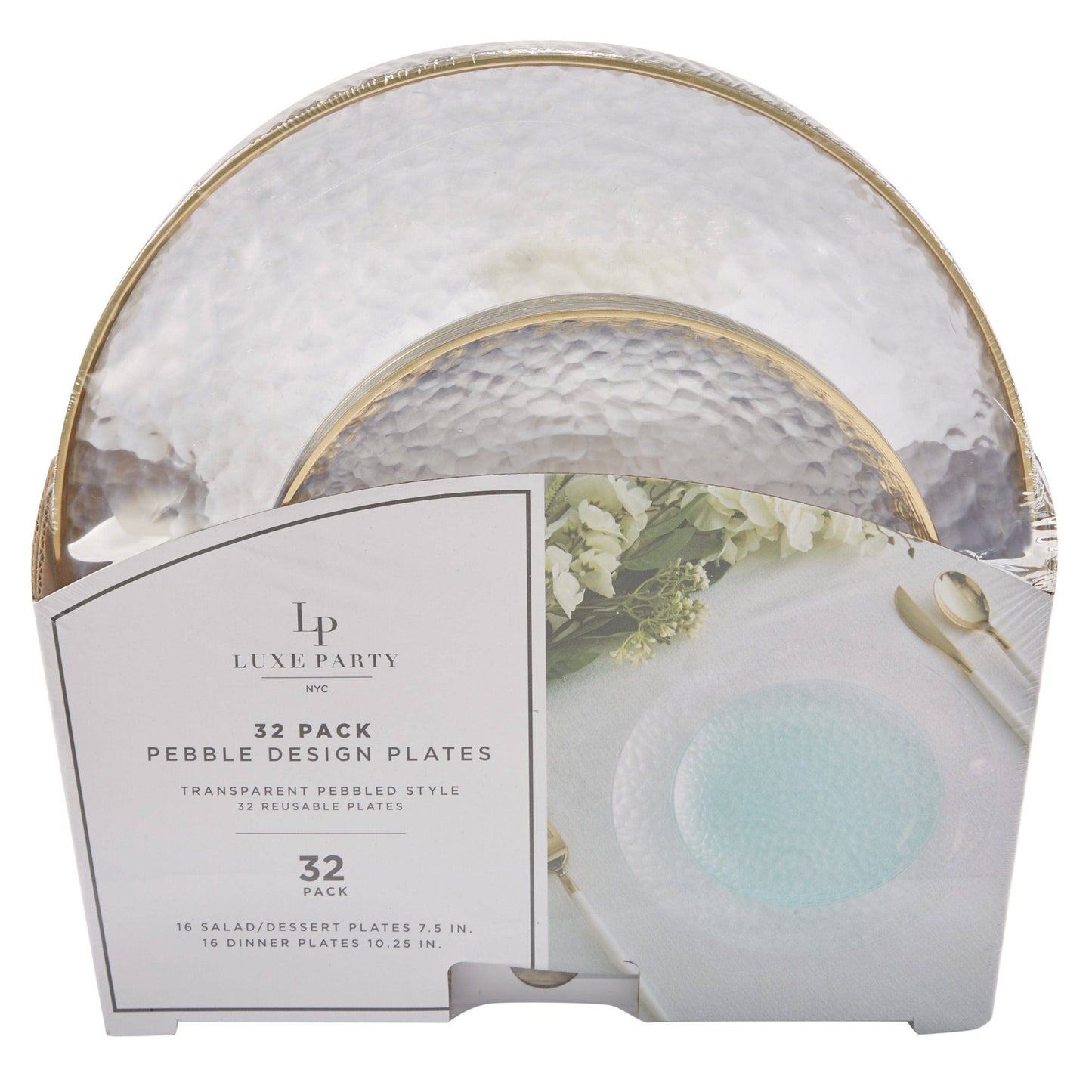 Clear Pebble Plate and Gold Plastic Plates Set | 32 Pack: 16 Dinner and 16 Salad Plates