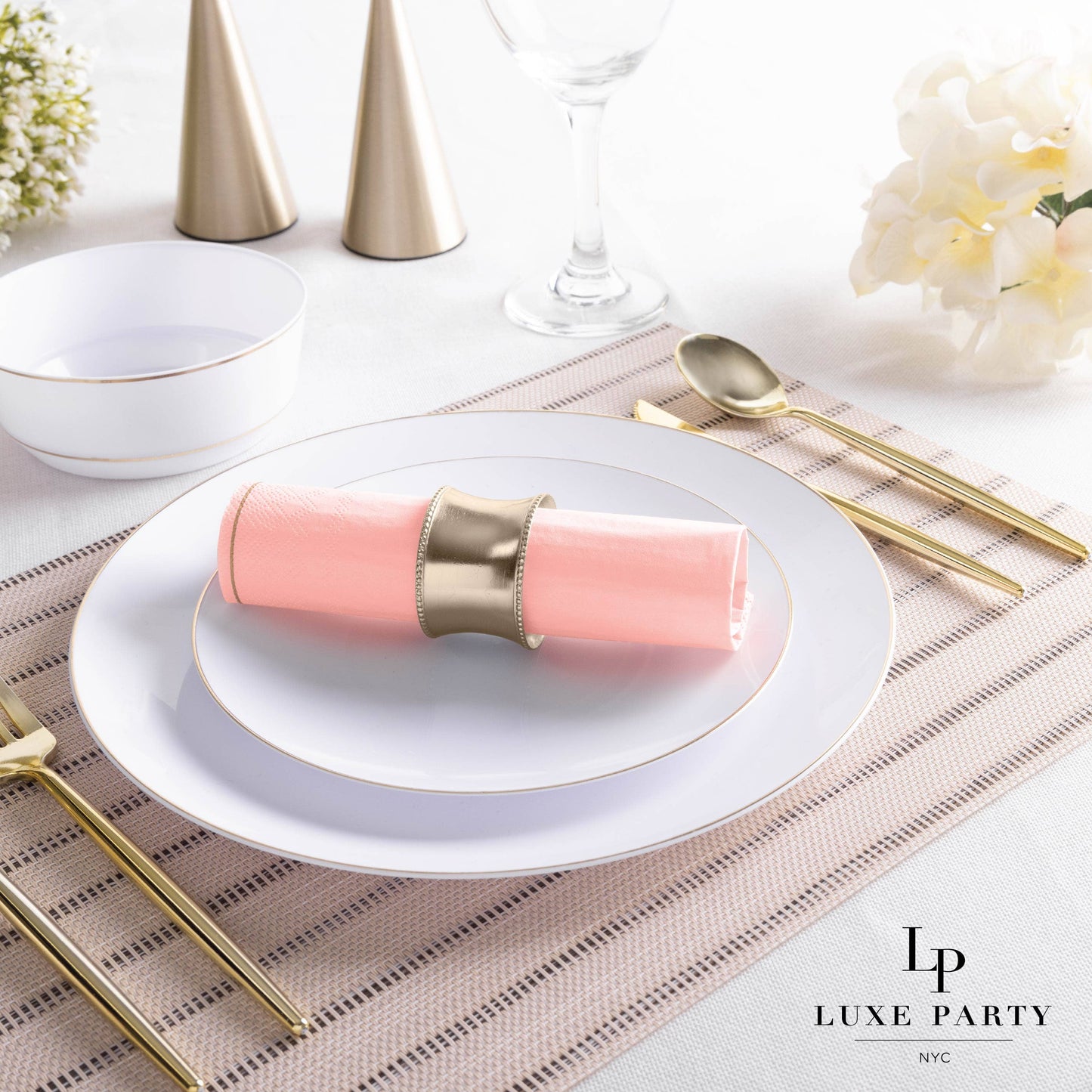 Luxe Party - Coral with Gold Stripe Lunch Napkins | 20 Napkins: 20 Lunch Napkins - 6.5" x 6.5"