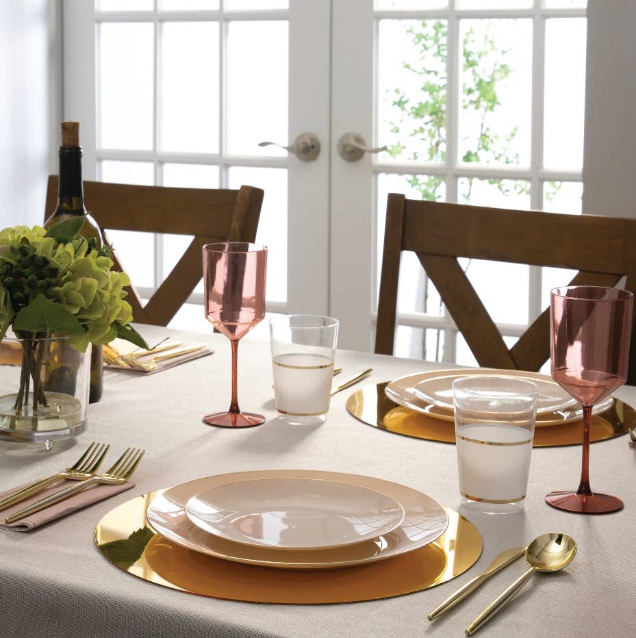 Round Linen • Gold Plastic Plates | 10 Pack: 10 Plastic Plates / 10.25" Dinner Plates