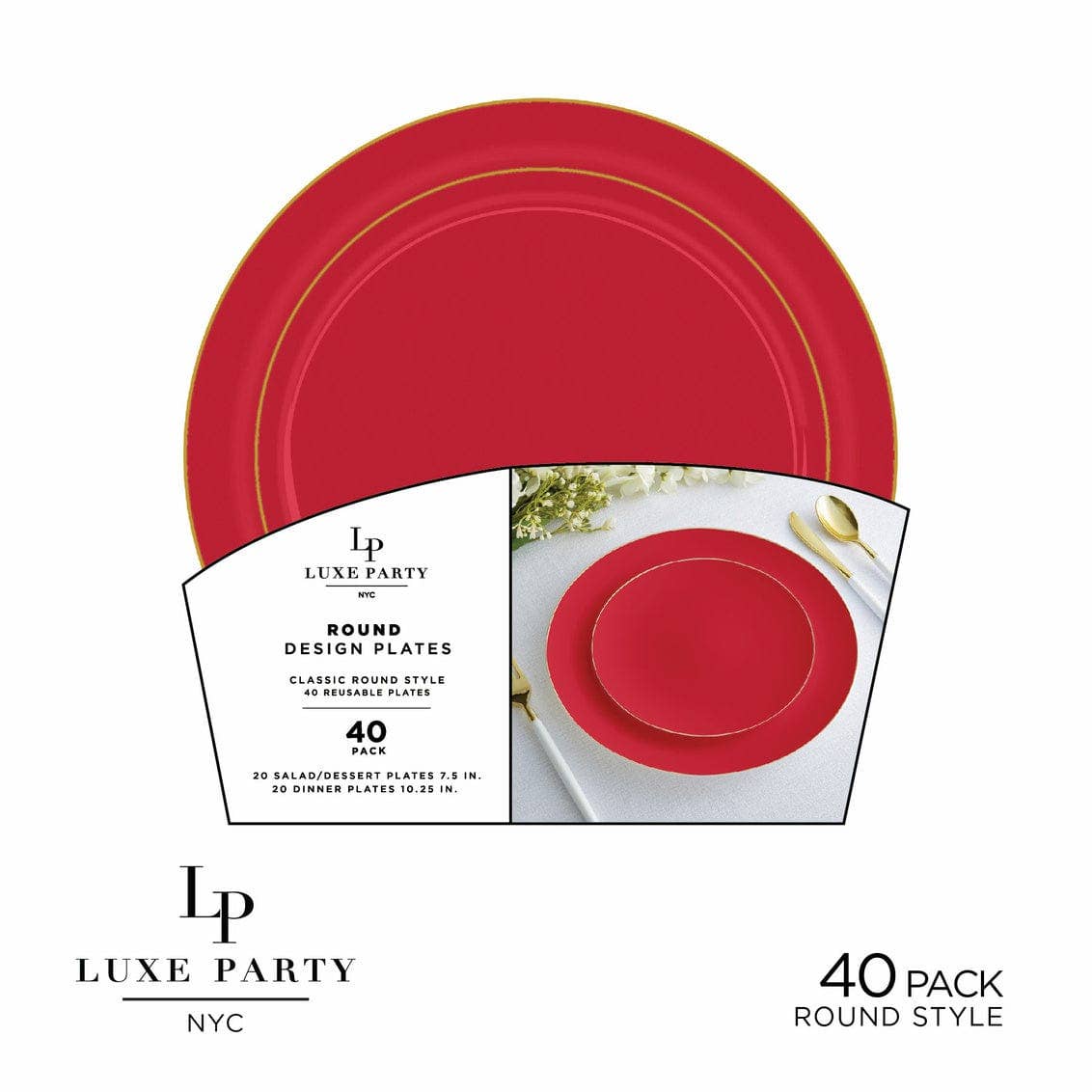 Round Red and Gold Plastic Plates Set | 40 Pack: 20 Dinner and 20 Salad Plates