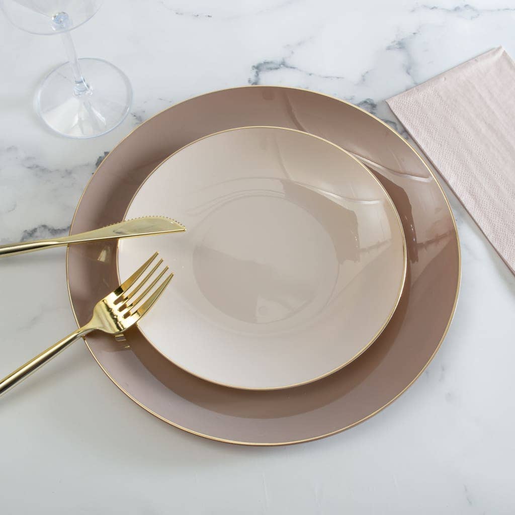 Round Taupe • Gold Plastic Plates | 10 Pack: 10.25" Dinner Plates