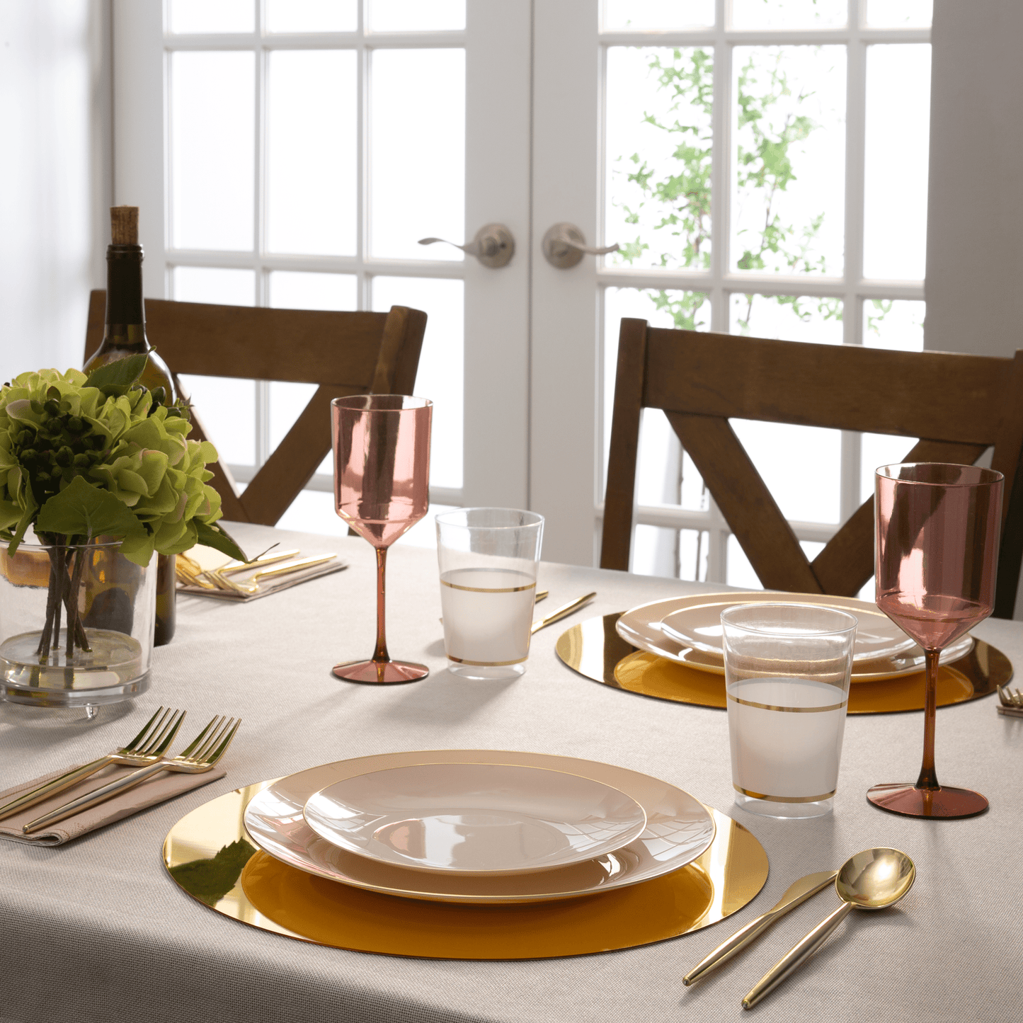 Round Linen and Gold Plastic Plates Set | 40 Pack: 20 Dinner and 20 Salad Plates
