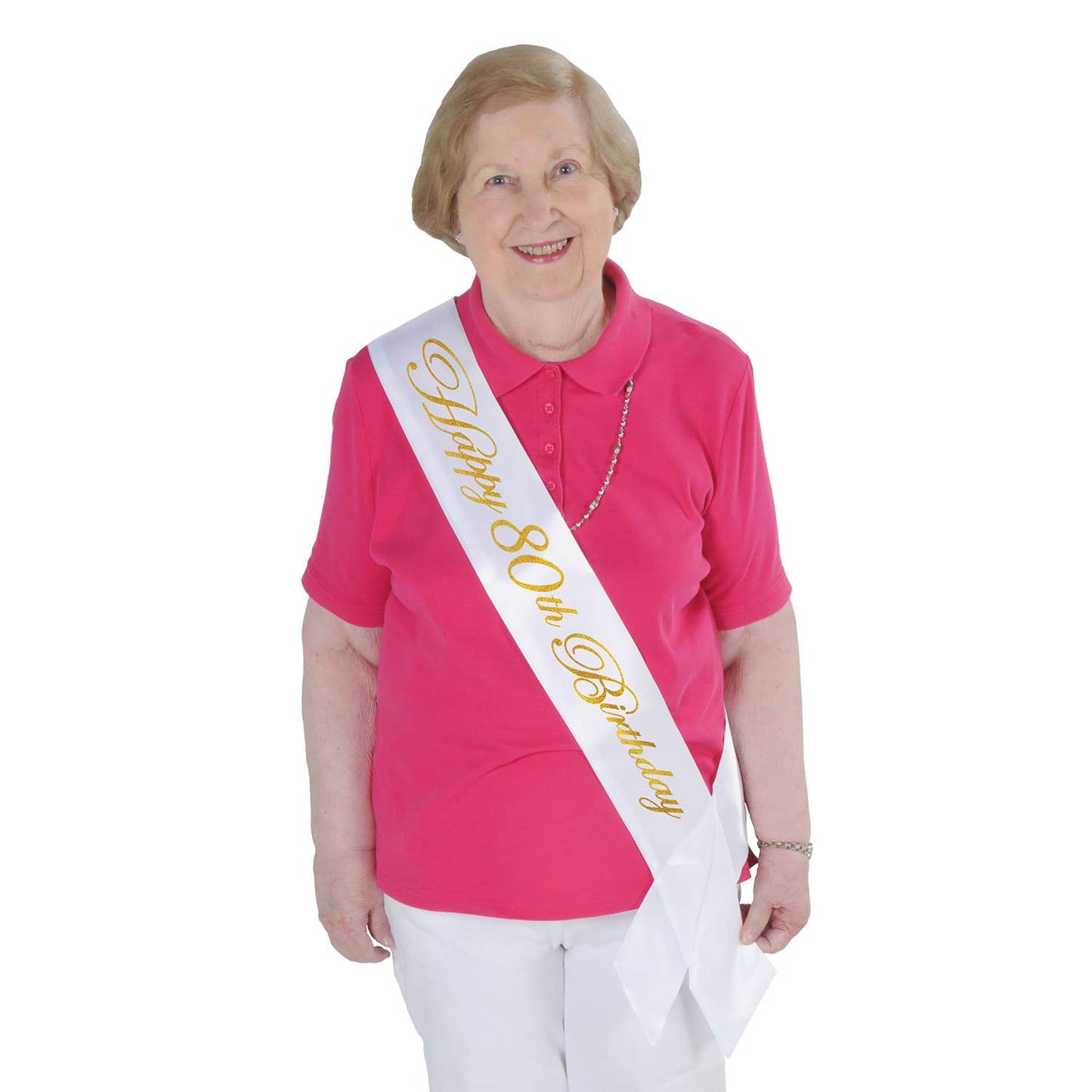 Glittered Happy  80th  Birthday White Satin Sash