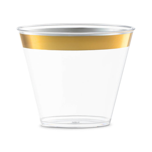 9 oz. Clear with Metallic Gold Rim Plastic Cups