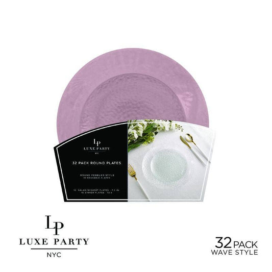 Rose Pebble Plate and Gold Plastic Plates Set | 32 Pack: 16 Dinner and 16 Salad Plates