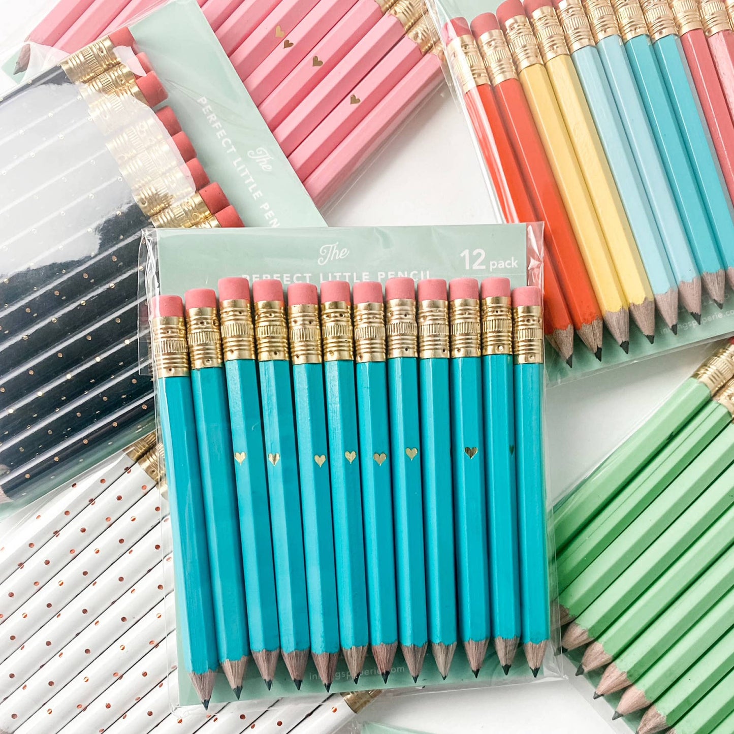 Mini Pencils - Gold Heart/Teal