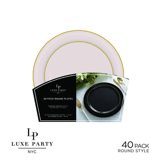 Round Linen and Gold Plastic Plates Set | 40 Pack: 20 Dinner and 20 Salad Plates
