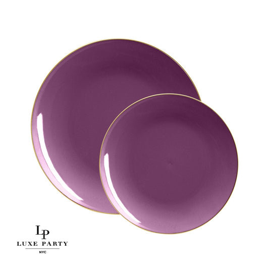 Round Purple • Gold Plastic Plates | 10 Pack: 10.25" Dinner Plates