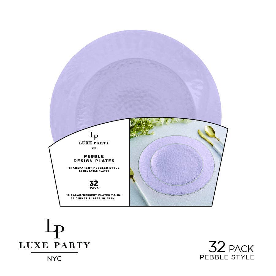 Solid Lavender Pebble Plate and Gold Plastic Plates Set | 32 Pack: 16 Dinner and 16 Salad Plates