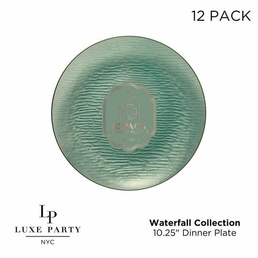 10.25" Waterfall Transparent Sage and Gold Dinner Plastic Plates | 12 Plates