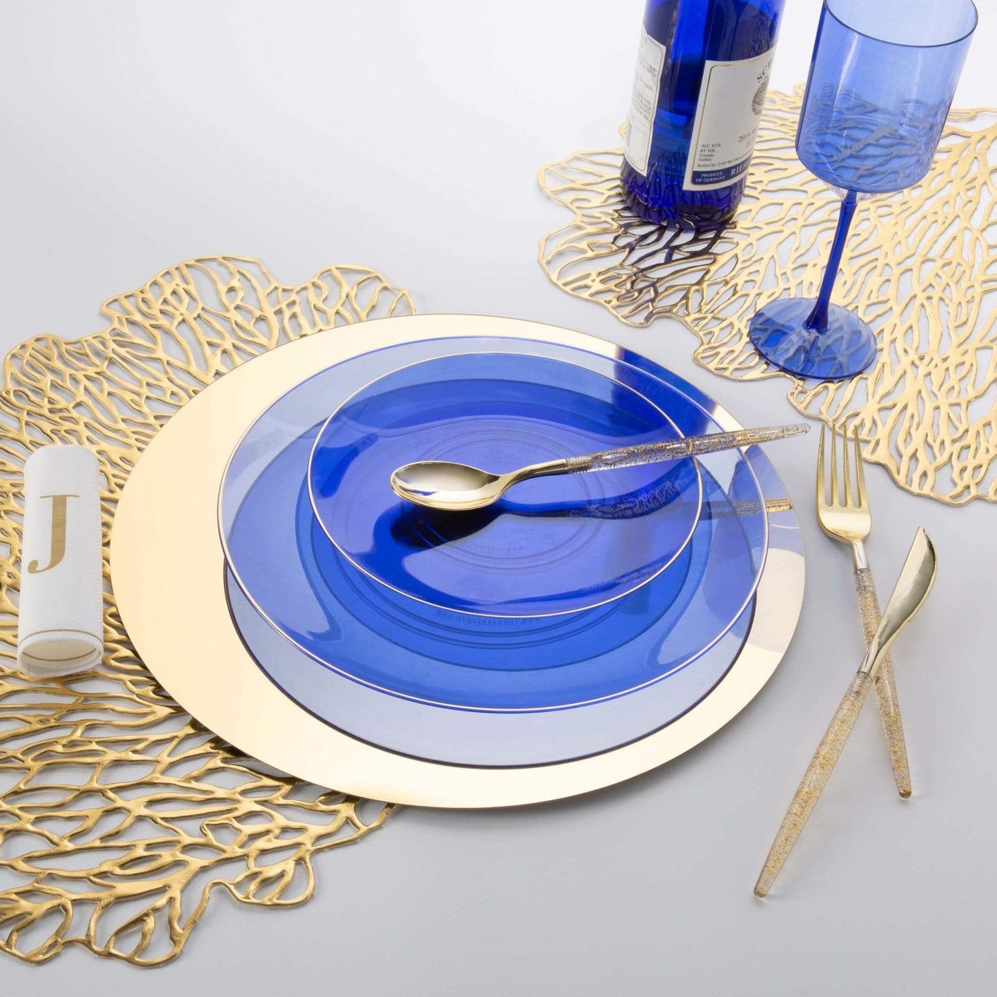 Luxe Party - Round Transparent Bartenura Blue  • Gold Plastic Plates | 10: 10.25" Dinner Plates