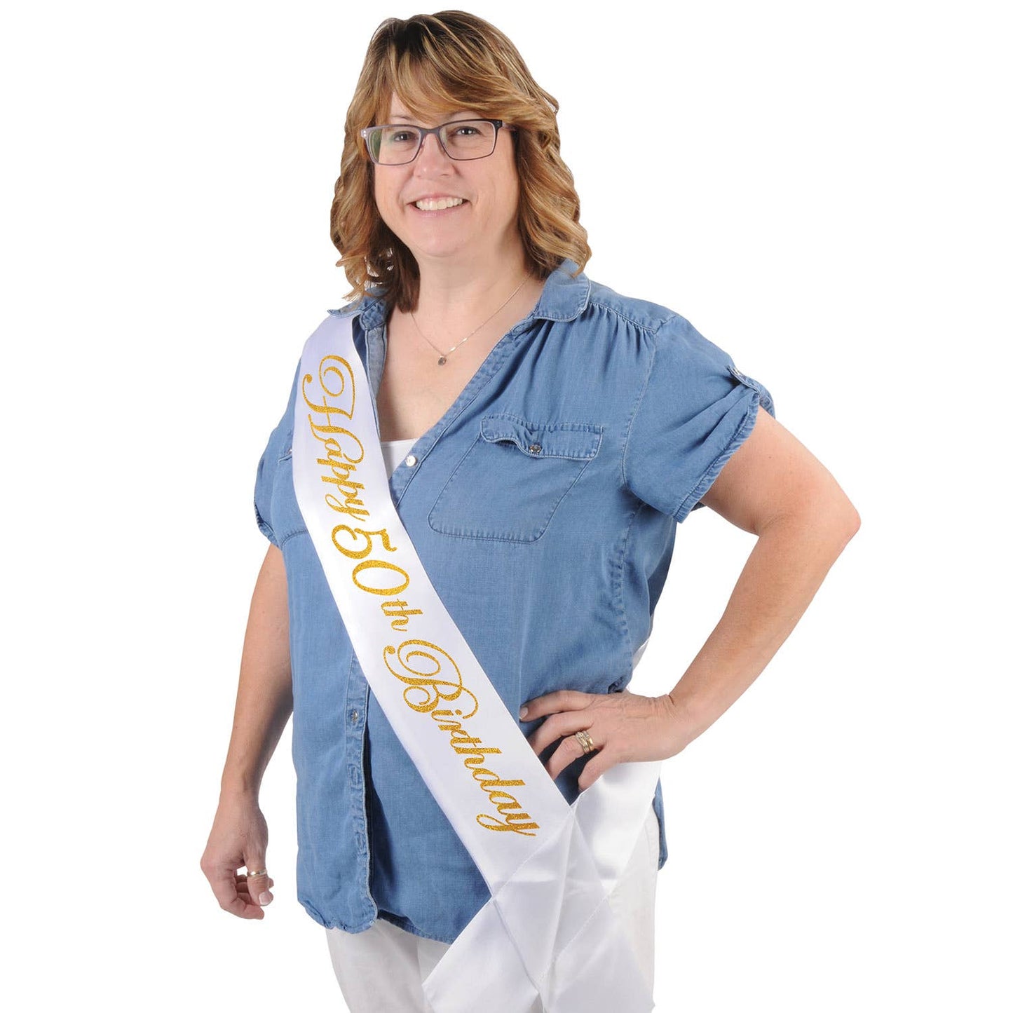 Glittered Happy  50th  Birthday White Satin Sash