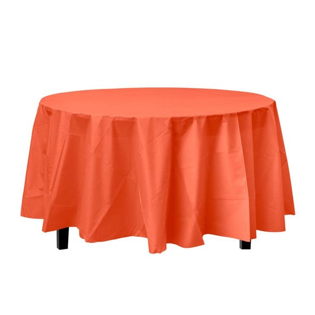 Round 84 In. Orange Premium Plastic Tablecloth Disposable