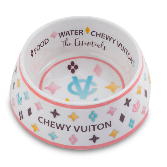 White Chewy Vuiton Dog Bowl -Small