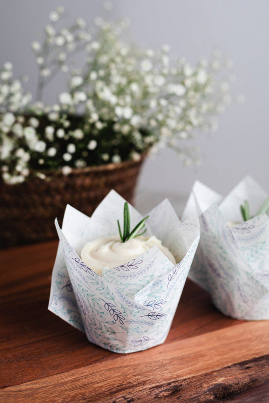 Tulip Cupcake Liners - Ferns of Blue, a print of dainty blue, green and purple ferns - 100 liners