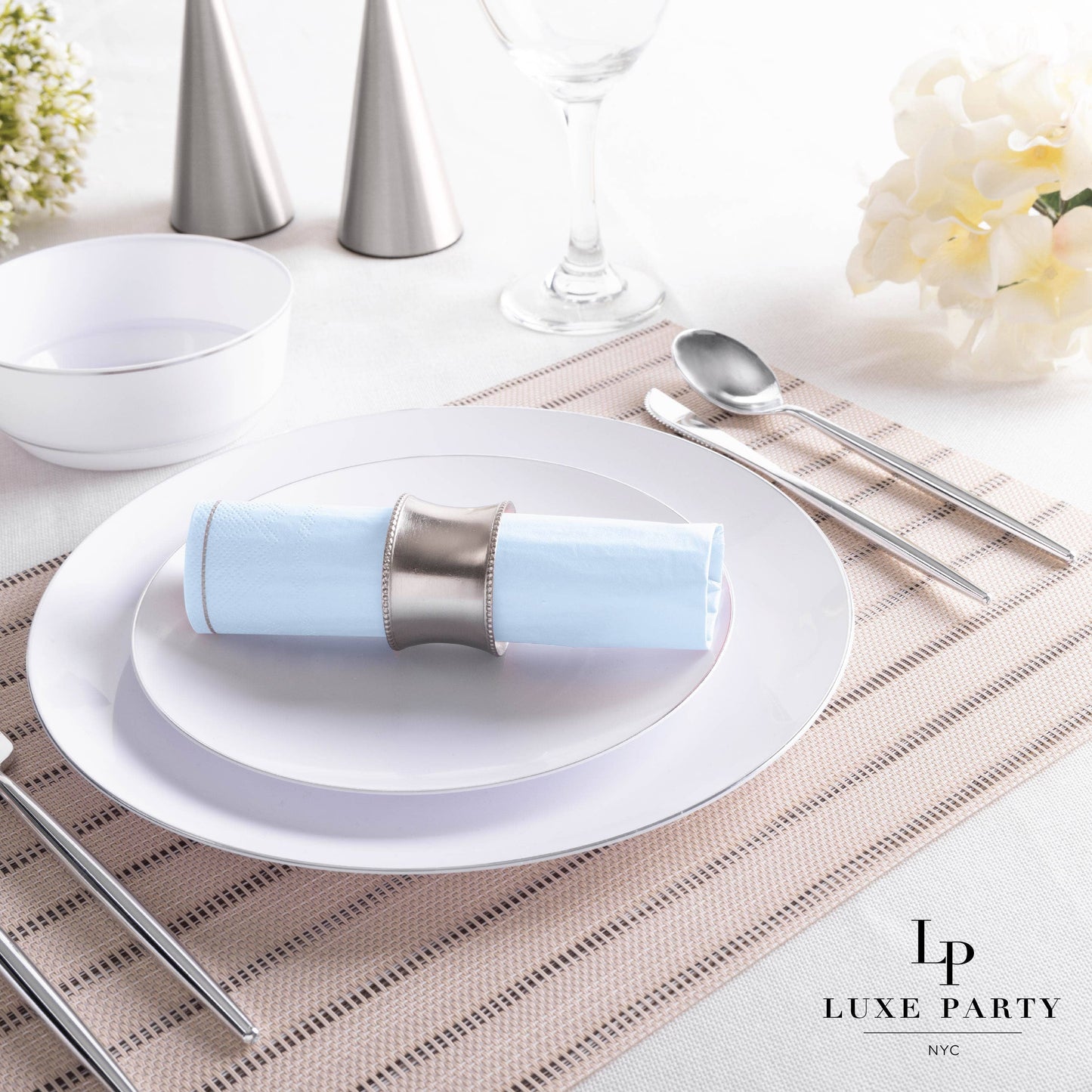 Ice Blue with Silver Stripe Paper Napkins