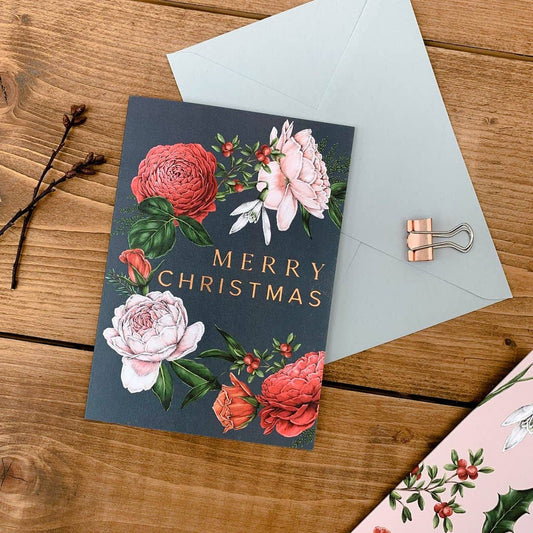 Berry Roses - Navy Wreath - Christmas Card