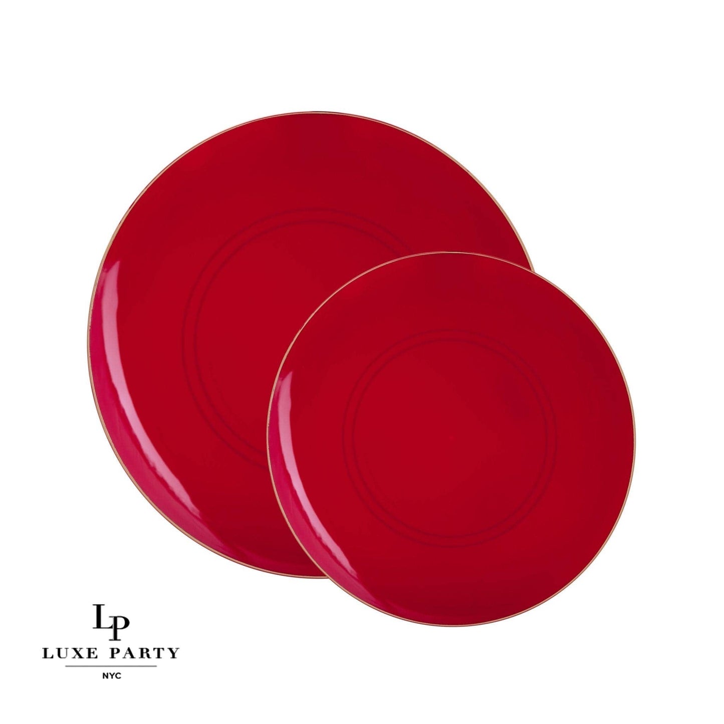Red • Gold Round Plastic Plates | 10 Pack