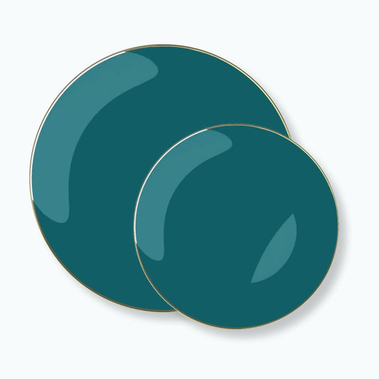 Round Teal • Gold Plastic Plates | 10 Pack: 10.25" Dinner Plates / 10 Plastic Plates