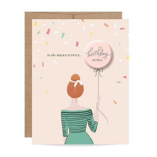 Birthday Girl Button Birthday Card - Redhead