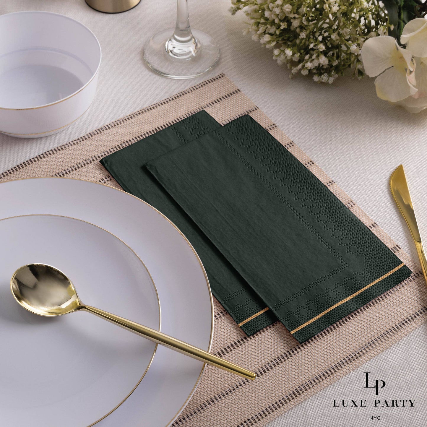 Emerald with Gold Stripe Guest Paper Napkins | 16 Napkins