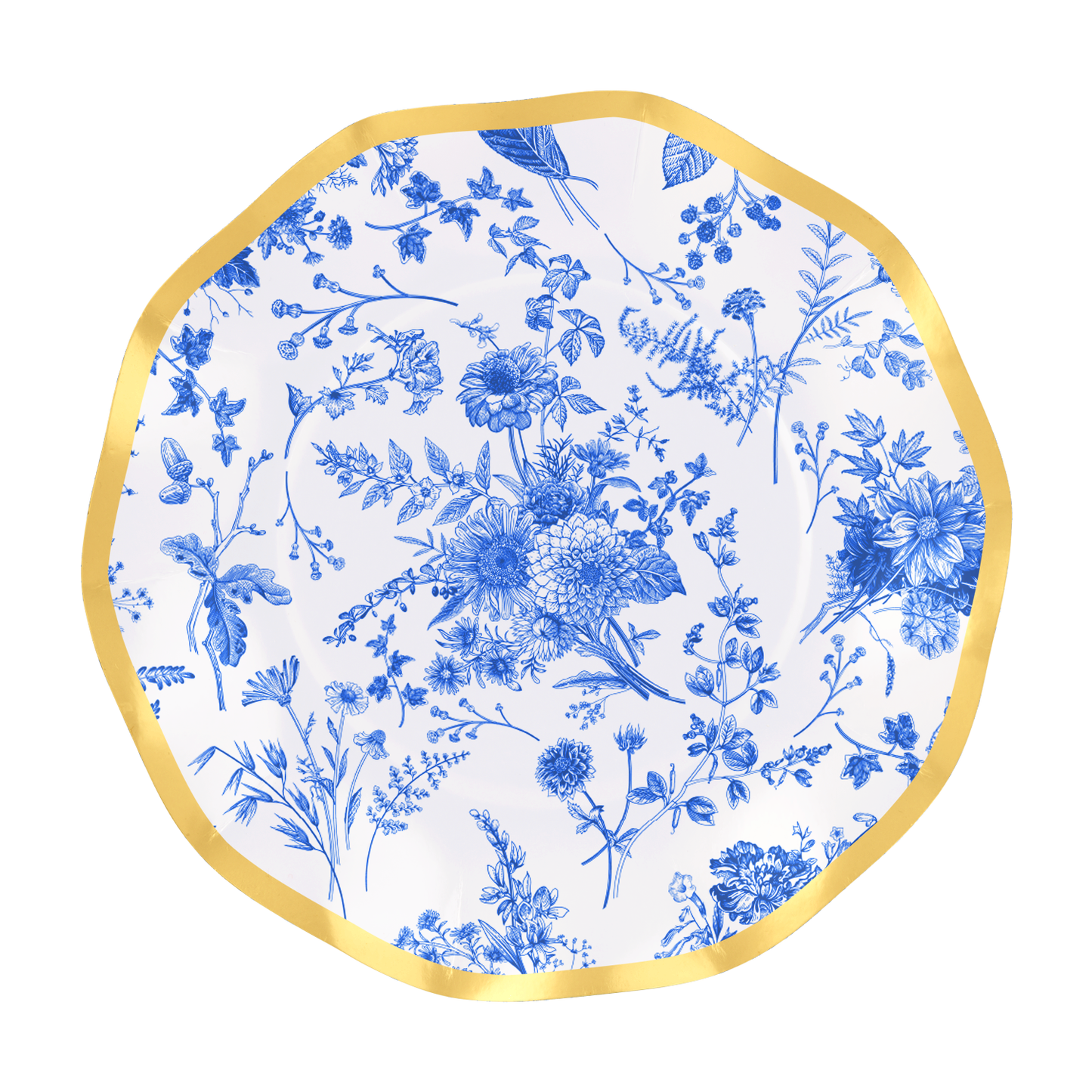 Paper Wavy Plate Blue Flower with gold edge /8pk