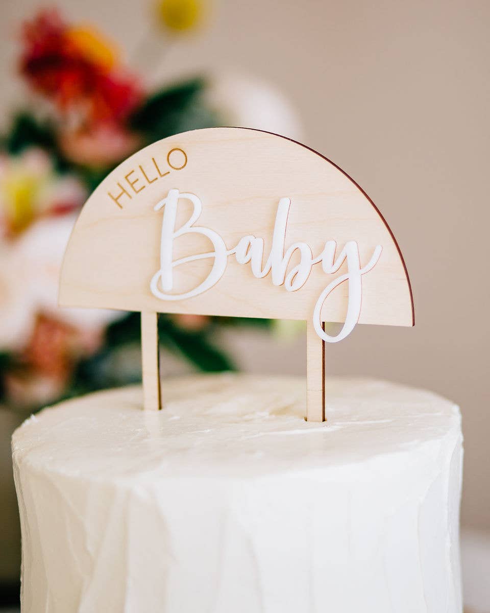 Hello Baby Half Circle Double Layer Cake Topper - WOOD + WHITE