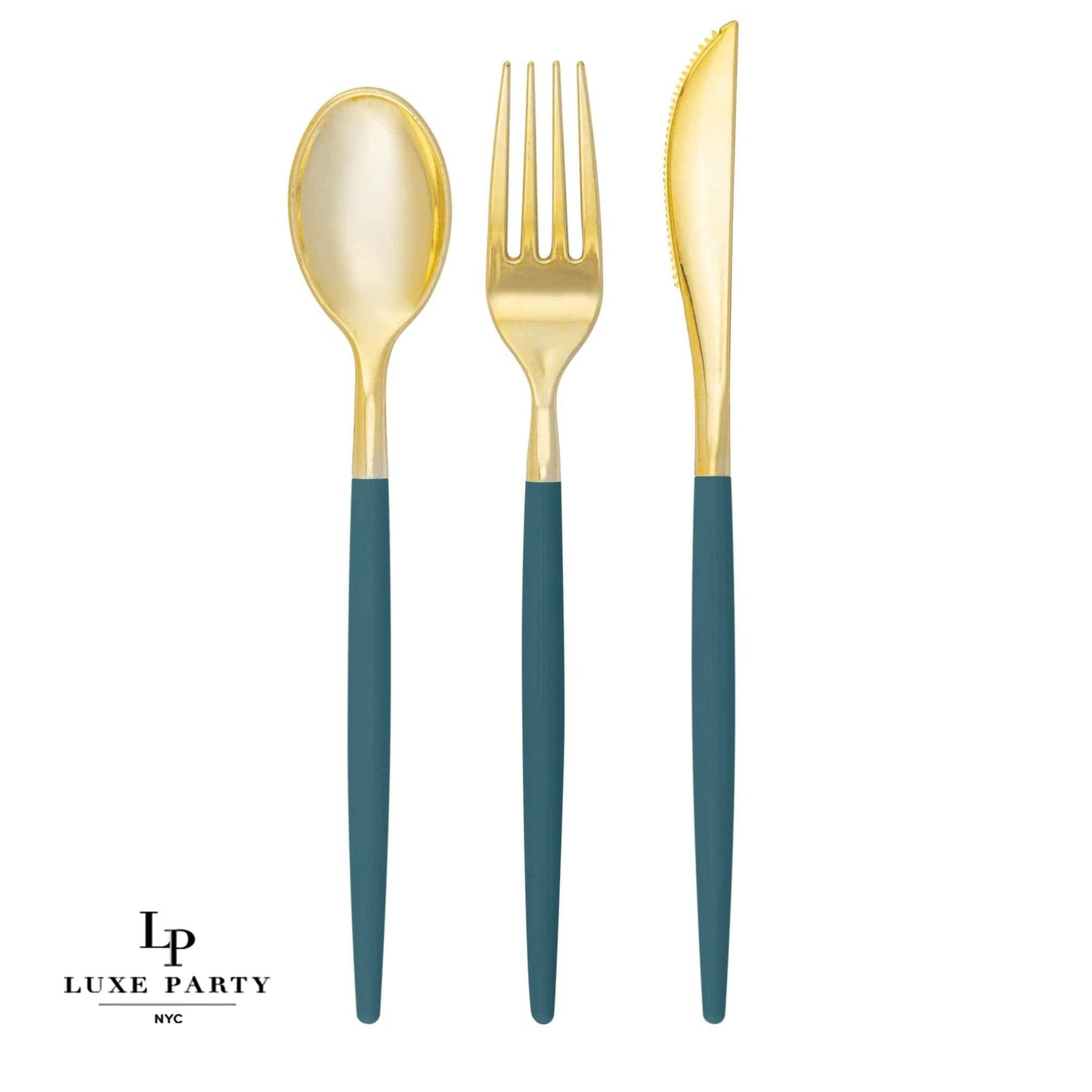 Teal • Gold Plastic Cutlery Set | 32 Pieces